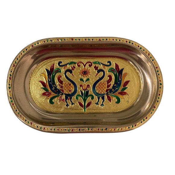 Meenakari Metal Enamel Floral Peacock Tray - Picture 1 of 5